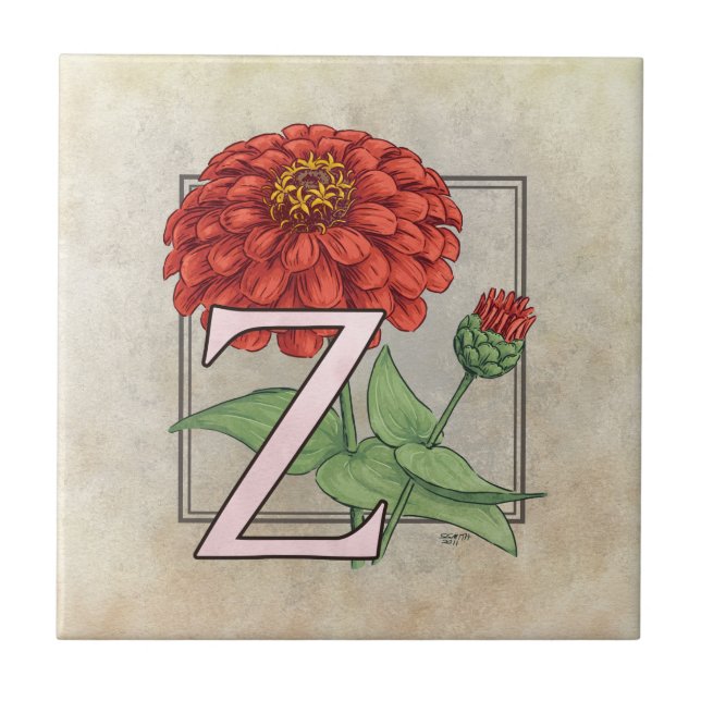 Z für Zinnias Blume Floral Monogram Art Fliese (Vorderseite)