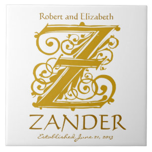 Z Gold Monogramm auf Weiß - Namen Hochzeitdatum Ti Fliese