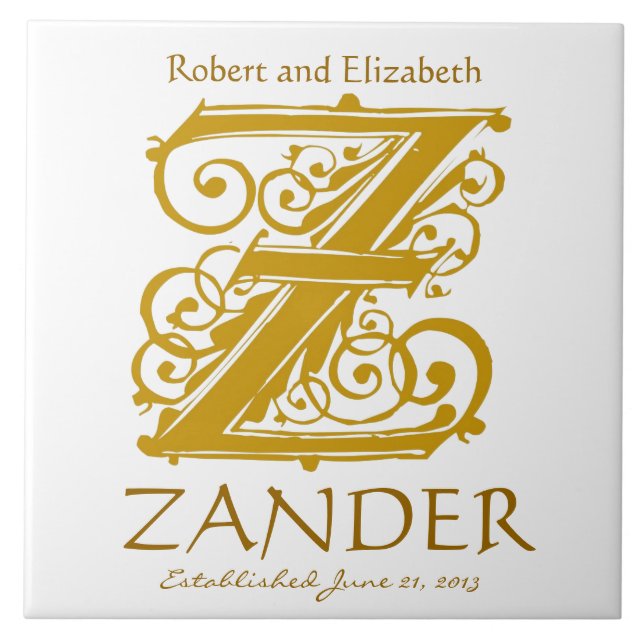 Z Gold Monogramm auf Weiß - Namen Hochzeitdatum Ti Fliese (Vorderseite)