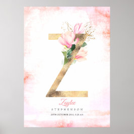 Z Letter Monogram Gold Blätter Pink Magnolia Flora Poster