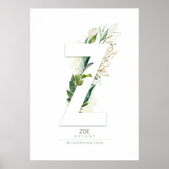 Z Letter Monogram Gold Green Foliage Dreamy Poster (Vorne)