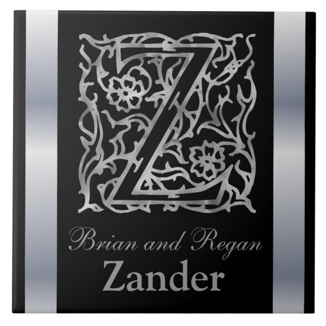 Z Monogramm und Name "Besque on Black" Keramik Til Fliese (Vorderseite)