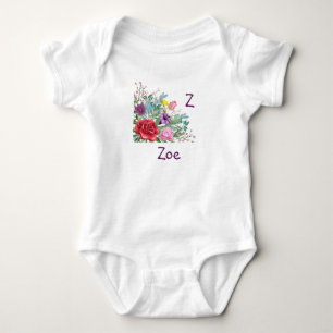 Z Zoe Personalisieren Initialname, Rose-Blume Baby Strampler