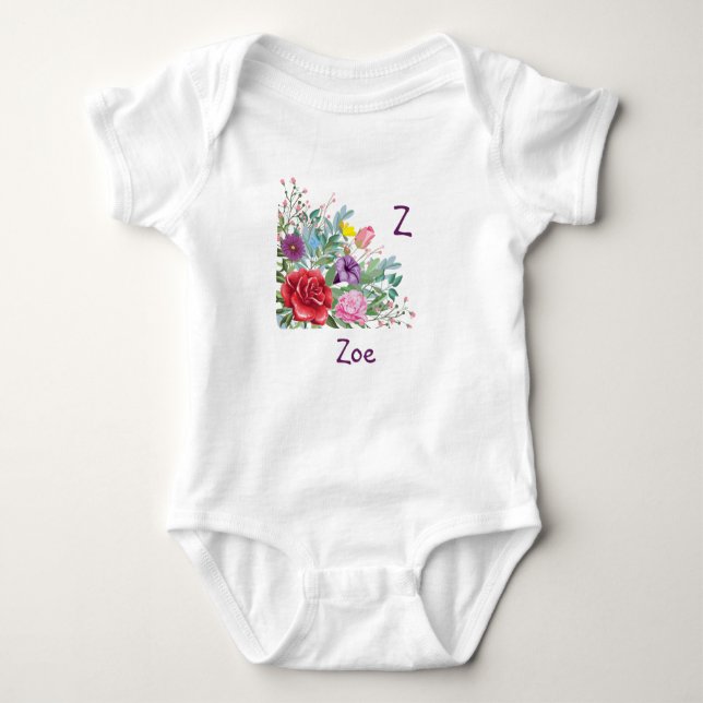 Z Zoe Personalisieren Initialname, Rose-Blume Baby Strampler (Vorderseite)