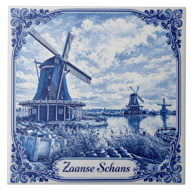 Zaanse Schans Delft Blue style ceramic tile Fliese (Vorderseite)