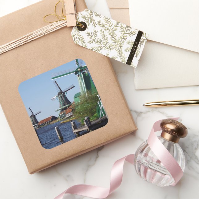 Zaanse Schans Niederländische Windmühlen in grün u Quadratischer Aufkleber (Schenken)
