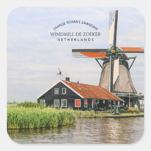 Zaanse Schans Windmühle Aquarell Niederländisches  Quadratischer Aufkleber