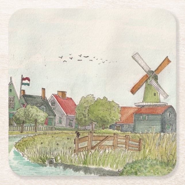 Zaanse Schans Zaandam Netherlands Watercolor Poste Rechteckiger Pappuntersetzer (Vorderseite)