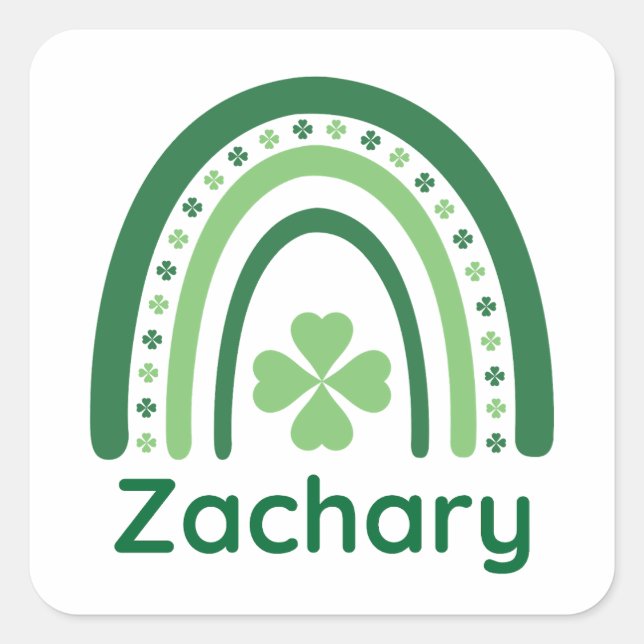 Zachary Name Clover Boho Rainbow Quadratischer Aufkleber (Vorderseite)