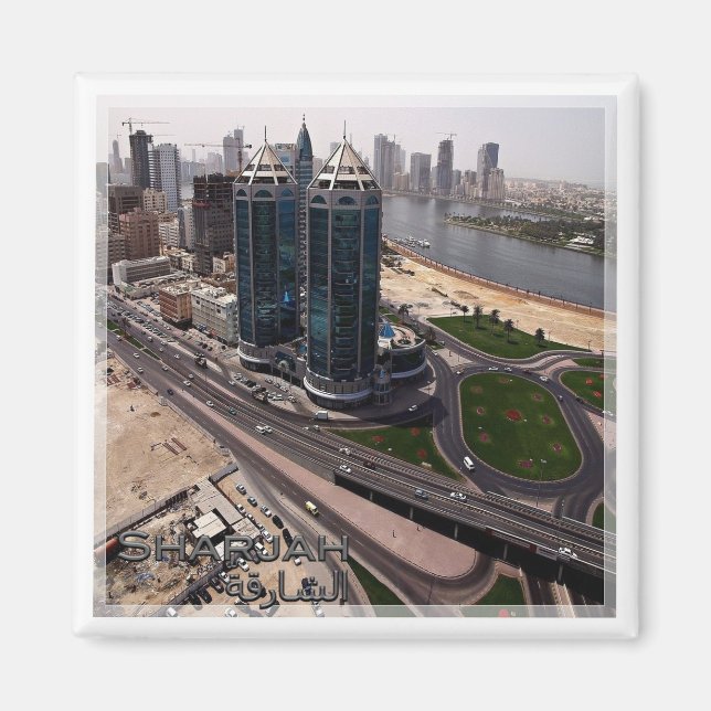 zAE015 SHARJAH, SKYLINE, VAE, Kühlschrank Magnet (Vorne)