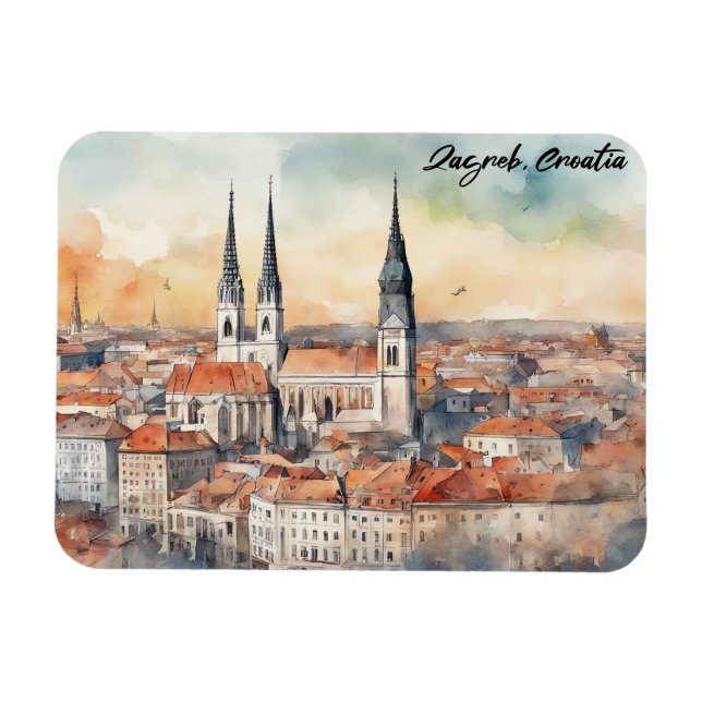 Zagreb Kroatien Stadt Silhouette Wasserfarbe Magnet (Horizontal)