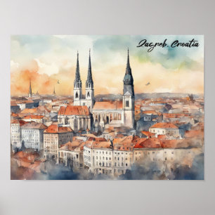 Zagreb Kroatien Stadtansicht Wasserfarbe Poster