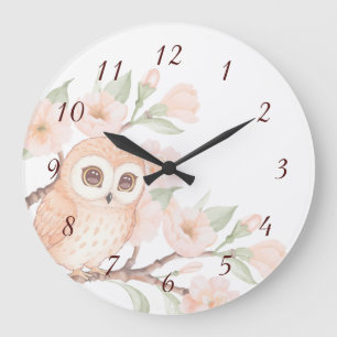 Zahl der niedlichen Eule- und Kirschblüten Große Wanduhr