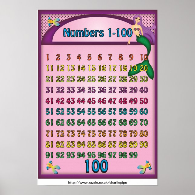Zahlen 1-100 Poster mit einem Cartoon Mermaid (Vorne)