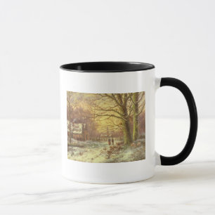 Zahlen auf einem Weg vor einem Dorf im Winter Tasse