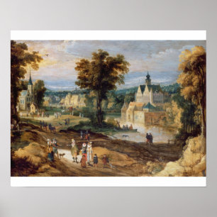 Zahlen in einer Landschaft mit Dorf und Schloss Poster