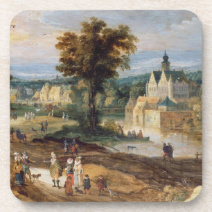 Zahlen in einer Landschaft mit Dorf und Schloss Untersetzer