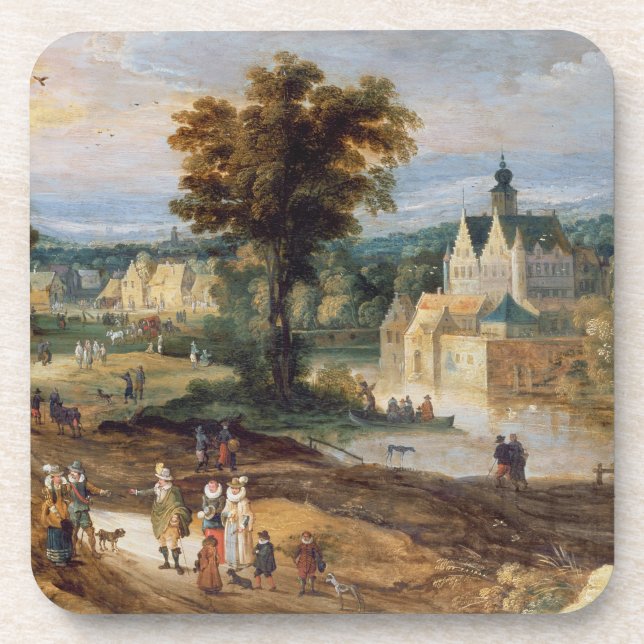Zahlen in einer Landschaft mit Dorf und Schloss Untersetzer (Vorderseite)