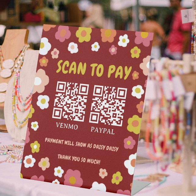 ZAHLEN PER QR CODE SCANNEN 2 QR CODE Groovy Daisie Sockelschild (SCAN TO PAY 2 QR CODES Groovy Daisies Floral CUSTOM Pedestal Sign
)