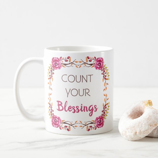 Zählen Sie Ihren Blumen-Erntedank im Herbst Kaffeetasse (Mit Donut)
