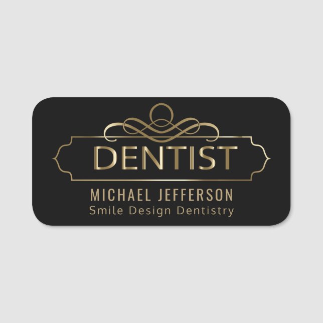 Zahnarzt-Büro - Schwarzes und Gold verziert Namensschild (Vorderseite)