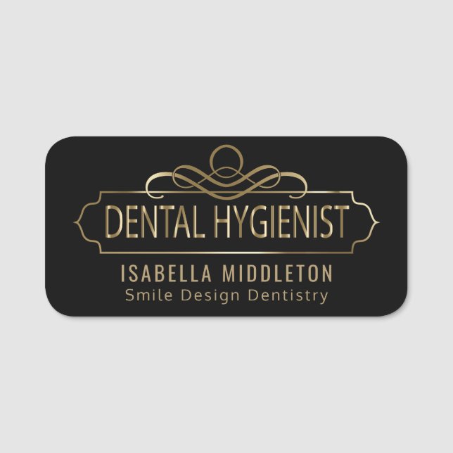 Zahnarzthelfer - Schwarzes und Gold verziert Namensschild (Vorderseite)