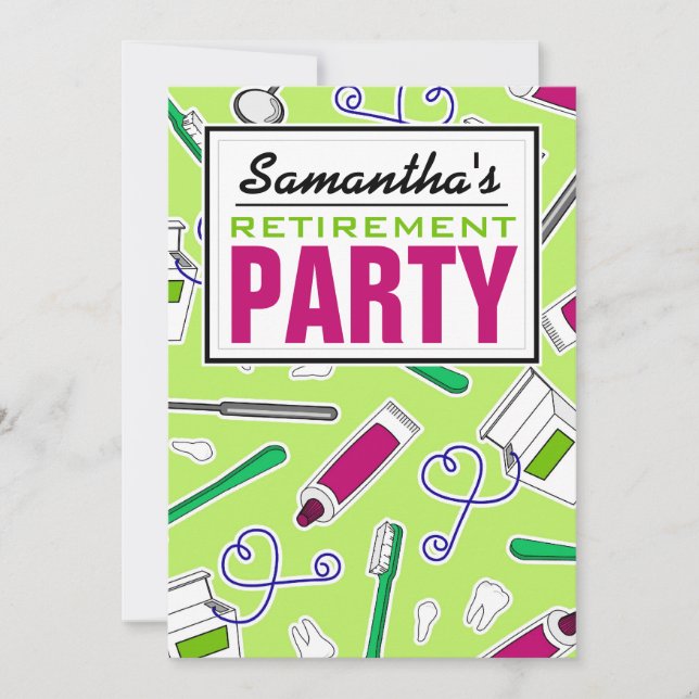 Zahnarzthelfer-/Zahnarzt-Ruhestands-Party-Grün Einladung (Vorderseite)