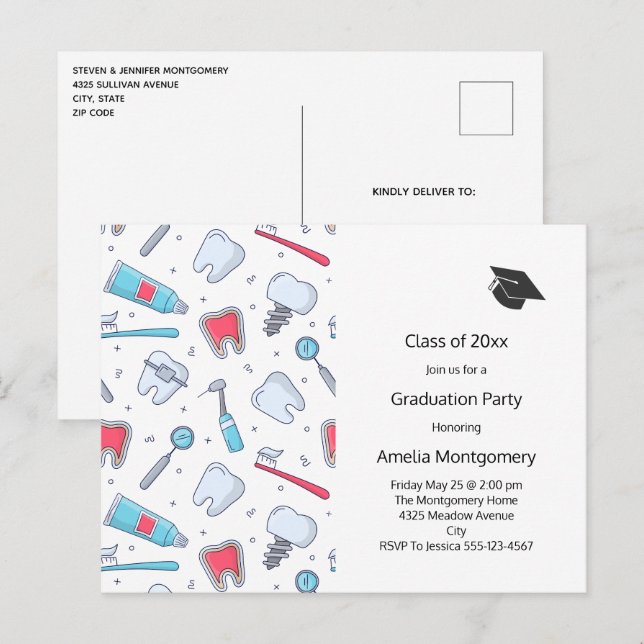 Zähne und Tools Zahnmuster-Abschluss Einladungspostkarte (Vorne/Hinten)