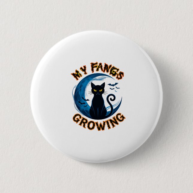 Zähne Wachsen Halloween Schwarze Katze Blauer Mond Button (Vorderseite)