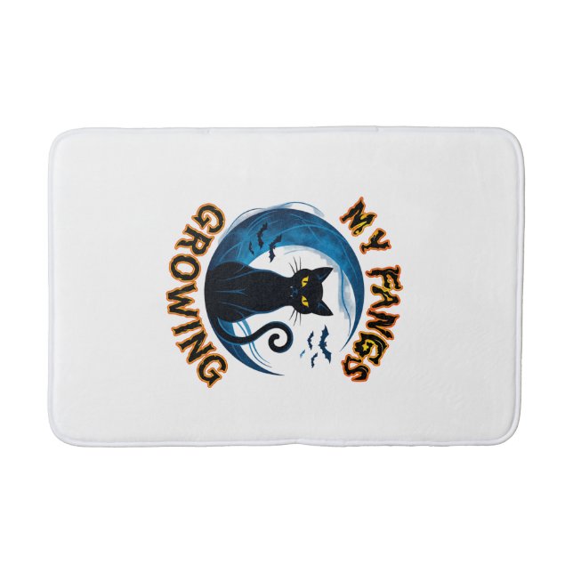 Zähne Wachsende Halloween Schwarze Katze Blauer Mo Badematte (Vorderseite)