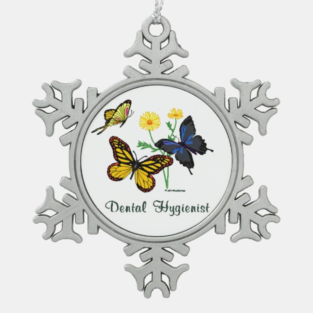 Zahnhygiene-Schmetterlinge Schneeflocken Zinn-Ornament (Vorderseite)
