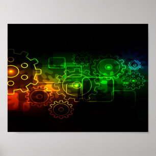 Zahnradmechanik schwarz-grün-orange poster