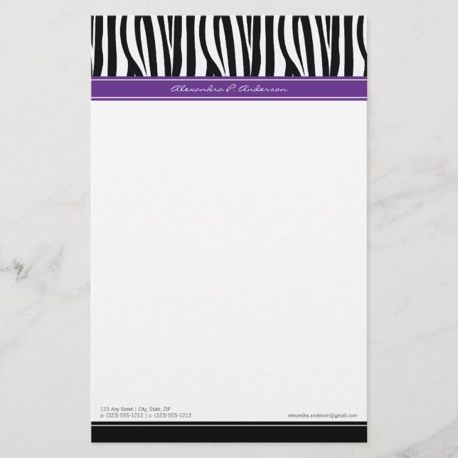 Zany Zebra Lila Designer-Stationierung Briefpapier (Vorderseite)