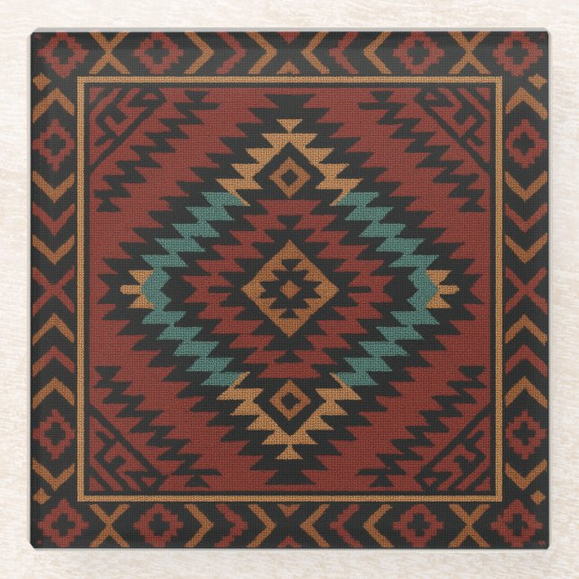 Zapotec Folk Art Geometric Diamond Glass Untersetz Glasuntersetzer (Vorderseite)