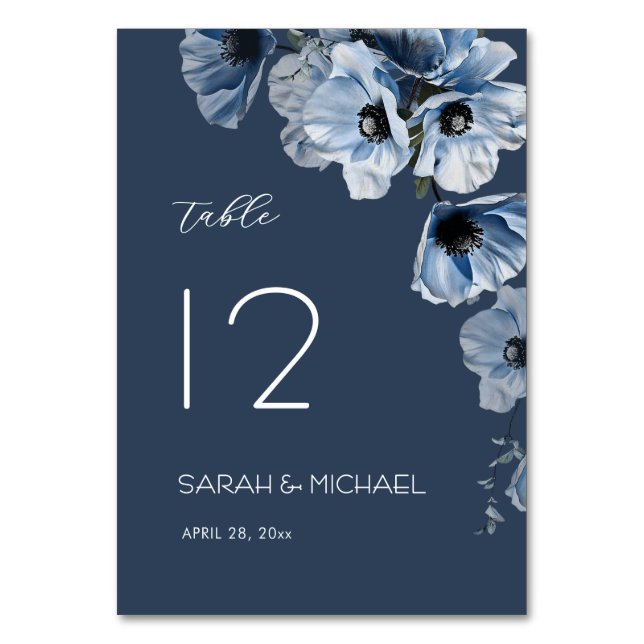 Zarte Blaue Blumen Hochzeit Tischnummer (Vorderseite)