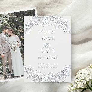 Zarte Blaue Florale Foto-Hochzeitseinladung zum Vo Save The Date