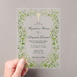 Zarte Gartenbegrünung Christliches Kreuz Hochzeit Acryleinladungen