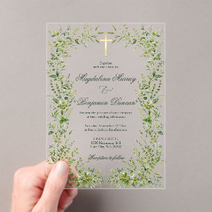 Zarte Gartenbegrünung Christliches Kreuz Hochzeit Acryleinladungen