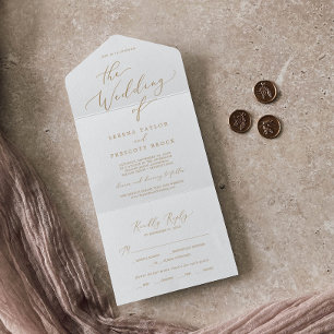 Zarte Gold-Kalligrafie-Hochzeit All In One Einladung