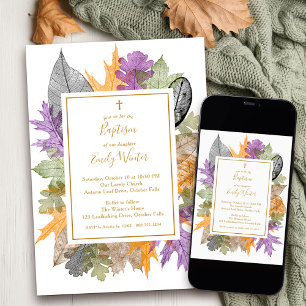 Zarte Herbstfoliage Gold Schrift Neutral Taufe Einladung