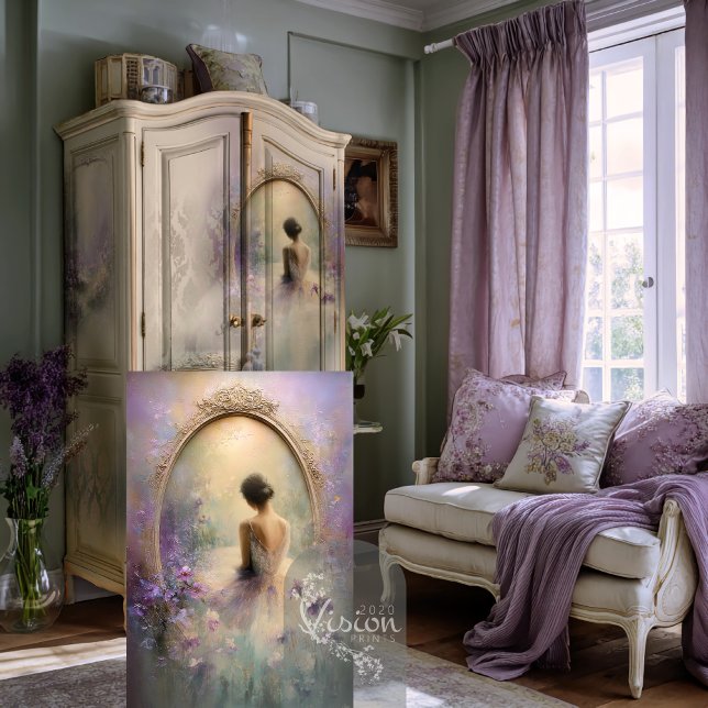 Zarte Momente Ballerina Lavendel Schwertlilien Gar Seidenpapier (Ballerina print leaning against sage painted armoire lavender French bedroom chair)