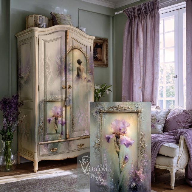 Zarte Momente Lila Schwertlilie Gold Verzierte Rah Seidenpapier (Iris print leaning against vintage sage painted armoire lavender French bedroom setting)