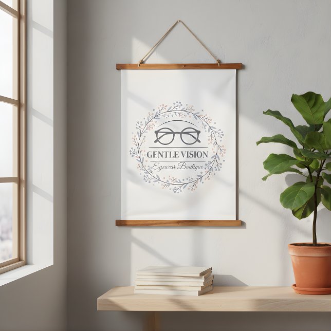 Zarte neutrale Blumen Lesebrille Logo Wandteppich Mit Holzrahmen (Stylish Glasses Flowers Tapestry)
