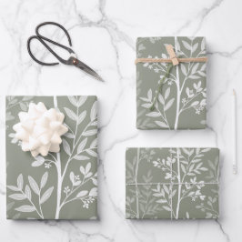 Zarte olivgrüne florale Silhouette Geschenkpapier Set