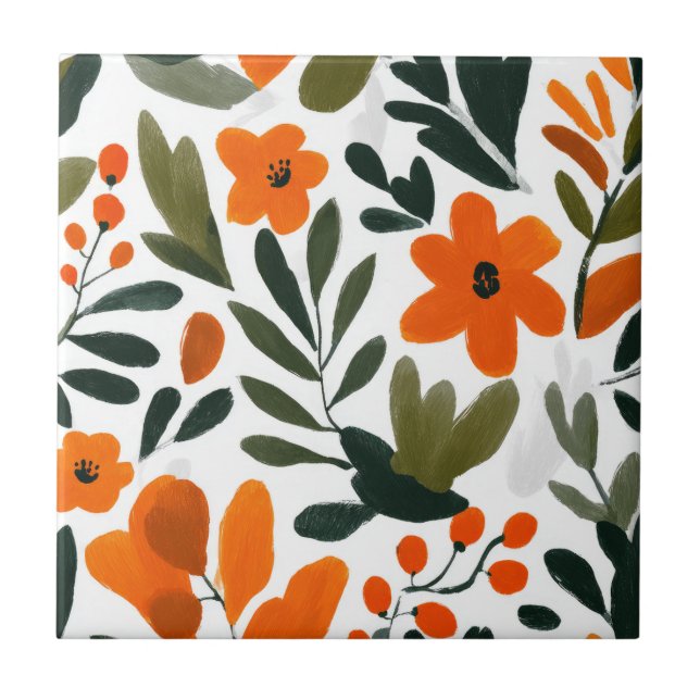 Zarte orange Blumen Frühlingsblumenmuster  Fliese (Vorderseite)