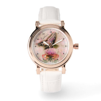 Zarte personalisierte Schmetterlinge und Blumen Armbanduhr