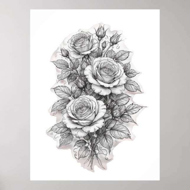 Zarte romantische Rosenbouquet-Skizze Poster (Vorne)