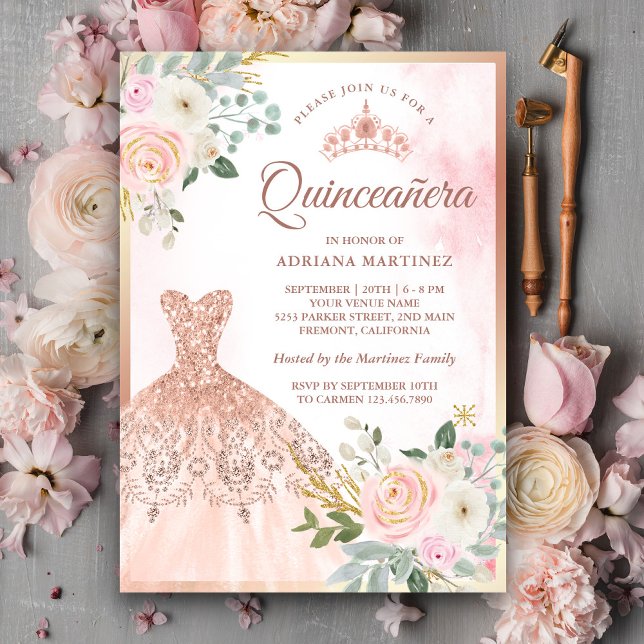 Zarte Rosa Blush Rose Gold Quinceanera Einladung (Von Creator hochgeladen)