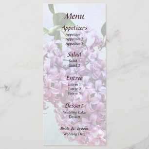 Zarte rosa Flieder Hochzeitsmenü Menükarte