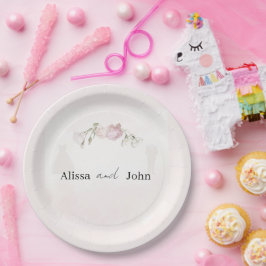 Zarte rosa Rosen & Braut und Bräutigam Kollektion Pappteller